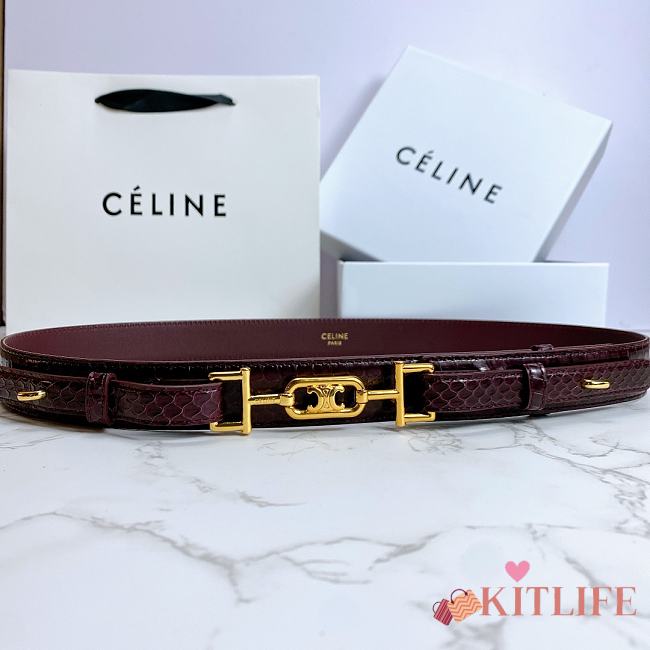 Celine Belt Horsebit Buckle Cow Leather Belt Python Leather Burgundy – 30mm - 1