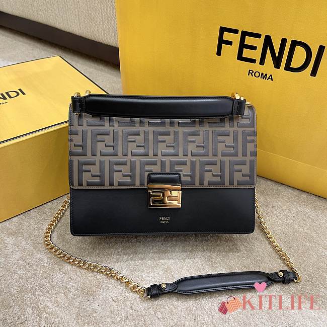 Fendi Kan I Small Chain Bag In ALL Black Cowhide With Grind Card Color FF Embossed - 5326B89 – 19x13x9cm - 1