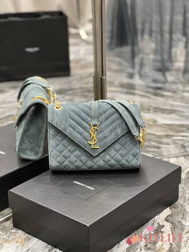 YSL Envelope Cowhide Frosted Leather Teal Green – 487206 - 24×17.5×6cm - 1