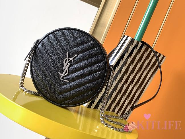 YSL Jade Round Quilted Grain de Poudre Silver Logo Crossbody Bag Black – 610436 - 17x17x5.5cm - 1