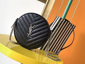 YSL Jade Round Quilted Grain de Poudre Silver Logo Crossbody Bag Black – 610436 - 17x17x5.5cm