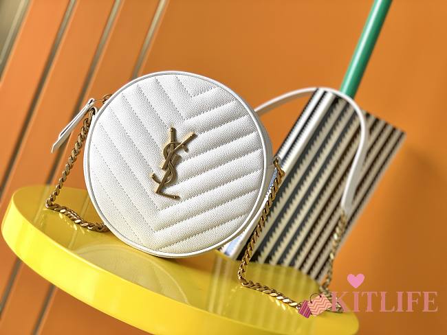 YSL Jade Round Quilted Grain de Poudre Golden Logo Crossbody Bag White – 610436 - 17x17x5.5cm - 1