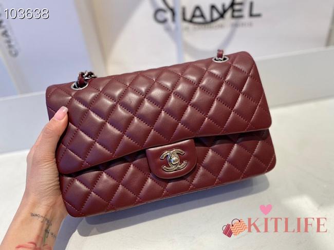 Chanel Classic Flap Bag Lambskin Silver Chain Light Gold Hardware Burgundy - 880780 – 25cm - 1