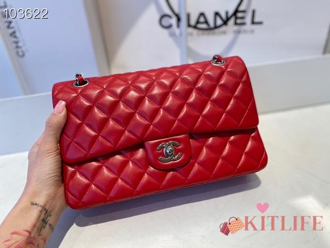 Chanel Classic Flap Bag Lambskin Silver Chain Light Gold Hardware Red - 880780 – 25cm - 1