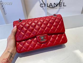 Chanel Classic Flap Bag Lambskin Silver Chain Light Gold Hardware Red - 880780 – 25cm