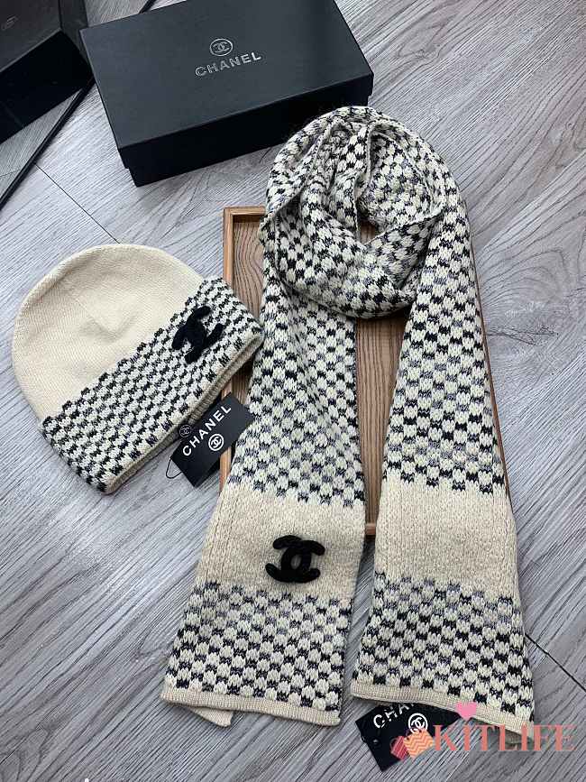 Chanel Knit Hat & Scarf Set Beige  - 1