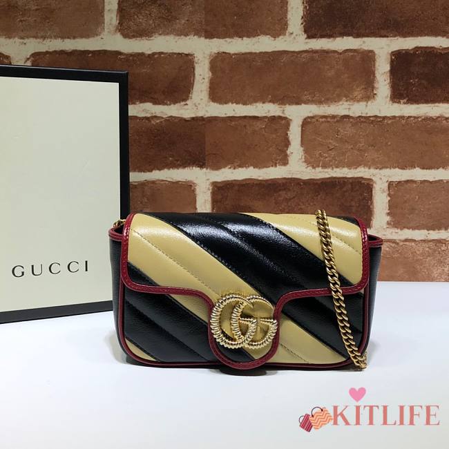 Gucci GG Marmont Black, Cream & Red Diagonal Quilted Aged Calfskin Leather – 574969 –16.5x10.2x5.1cm - 1