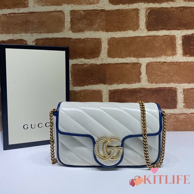 Gucci GG Marmont White/ Blue Diagonal Quilted Aged Calfskin Leather – 574969 –16.5x10.2x5.1cm - 1
