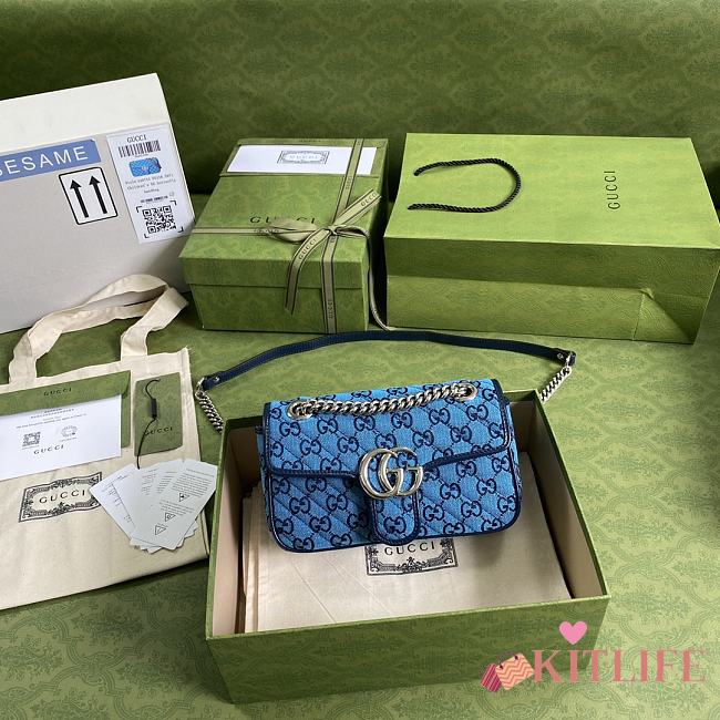 Gucci GG Marmont Multicolour Light Blue And Blue Diagonal Matelassé GG Canvas Shoulder Bag – 446744 – 22x13x6cm - 1
