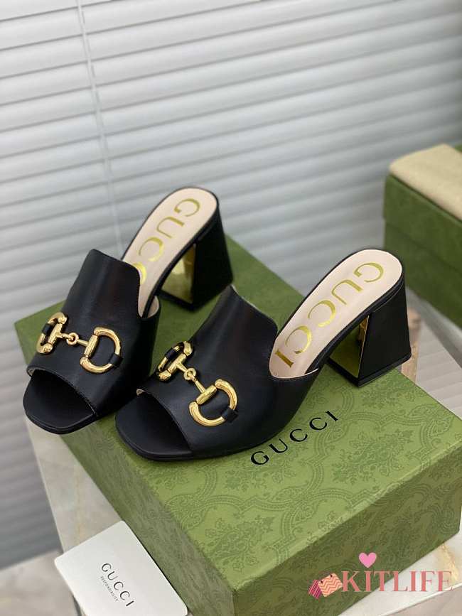 Gucci Women's slide sandal with Horsebit Black Leather - ‎655412 - 1