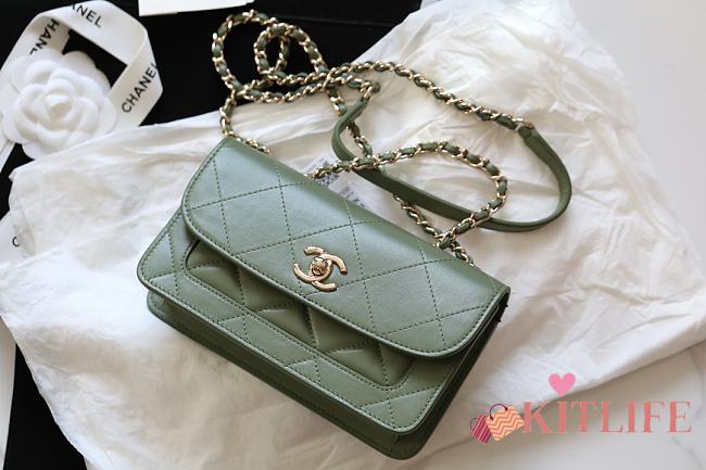 Chanel Flap Bag Lambskin Orange With Light Gold Double C Buckle Green –12×20×8cm - 1
