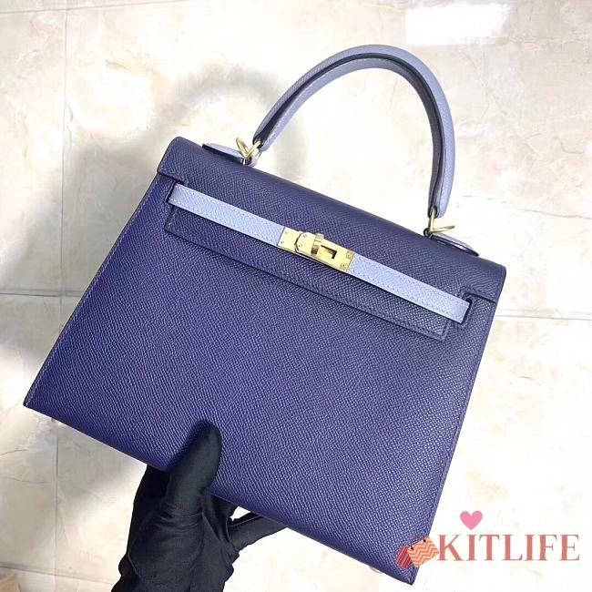 Hermes Kelly Epsom Leather Sapphire Blue/Linen Blue Brushed Gold Buckle, Hand-Sewn With Wax Thread - 25cm - 1