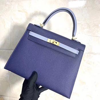 Hermes Kelly Epsom Leather Sapphire Blue/Linen Blue Brushed Gold Buckle, Hand-Sewn With Wax Thread - 25cm