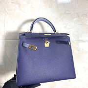 Hermes Kelly Epsom Leather Sapphire Blue/Linen Blue Brushed Gold Buckle, Hand-Sewn With Wax Thread - 25cm - 2