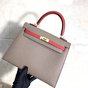 Hermes Kelly Epsom Leather Elephant Gray/National Flag Red Brushed Gold Buckle, Hand-Sewn With Wax Thread - 25cm - 1