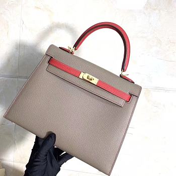 Hermes Kelly Epsom Leather Elephant Gray/National Flag Red Brushed Gold Buckle, Hand-Sewn With Wax Thread - 25cm