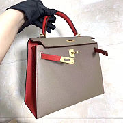 Hermes Kelly Epsom Leather Elephant Gray/National Flag Red Brushed Gold Buckle, Hand-Sewn With Wax Thread - 25cm - 3