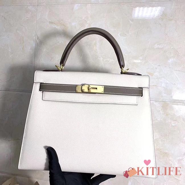 Hermes Kelly Epsom Leather White/Elephant Gray Brushed Gold Buckle, Hand-Sewn With Wax Thread - 25cm - 1