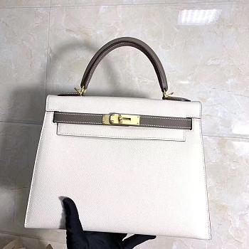 Hermes Kelly Epsom Leather White/Elephant Gray Brushed Gold Buckle, Hand-Sewn With Wax Thread - 25cm