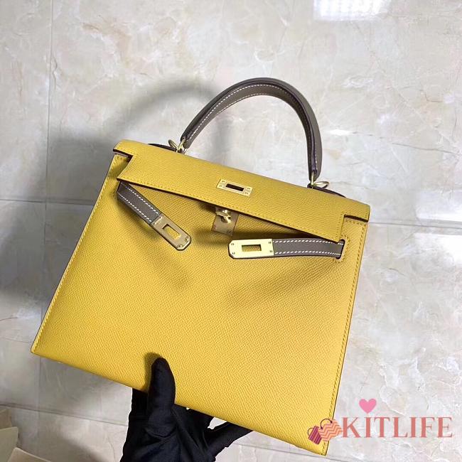 Hermes Kelly Epsom Leather Amber Yellow/Elephant Gray Brushed Gold Buckle, Hand-Sewn With Wax Thread - 25cm - 1