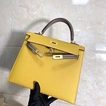 Hermes Kelly Epsom Leather Amber Yellow/Elephant Gray Brushed Gold Buckle, Hand-Sewn With Wax Thread - 25cm