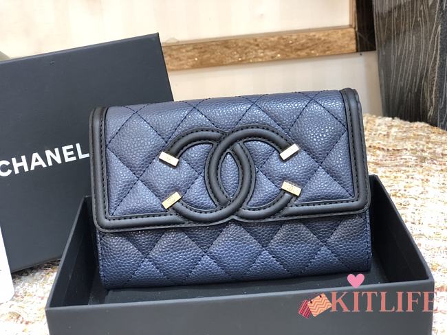 Chanel Wallet Grain Leather Black/Navy Blue - 84447 – 15cm  - 1