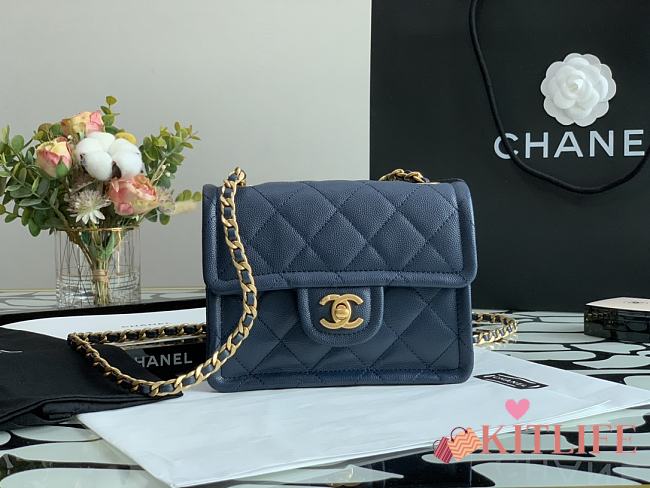 Kitlife Chanel Tofu Handbag Navy Blue With Gold Chain - 14.5x18x8cm - 1