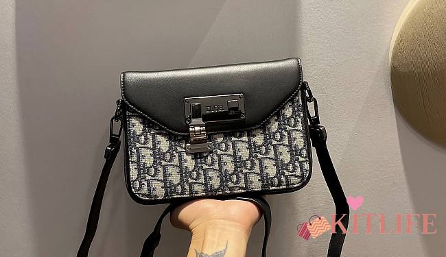 Kitlife Dior Lock Handbag Smooth Cow Leather Blue Denim Jacquard Fabric – 19×14×4 cm - 1