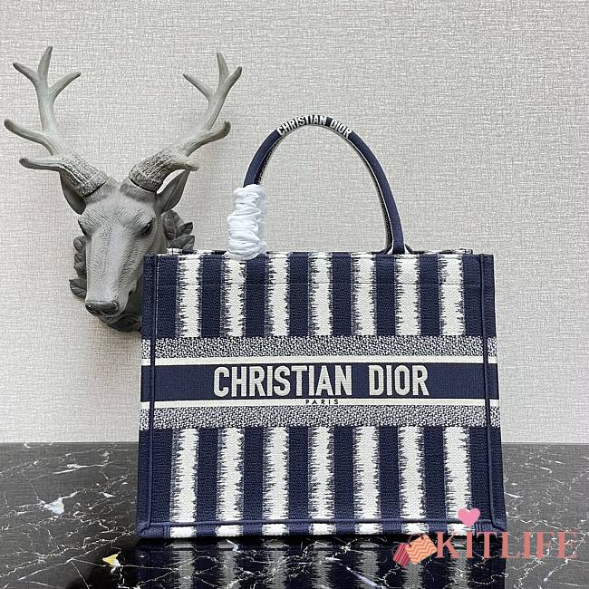 Kitlife Dior Book Tote Navy Blue/White Stripe Embroidery – 1286 - 36.5x28x16cm - 1
