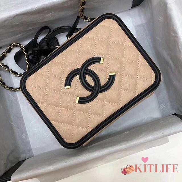 Chanel CC Filigree Large Vanity Case Bag in Grained Calfskin Beige A93344 Beige/Black - 21x16x8.5cm - 1
