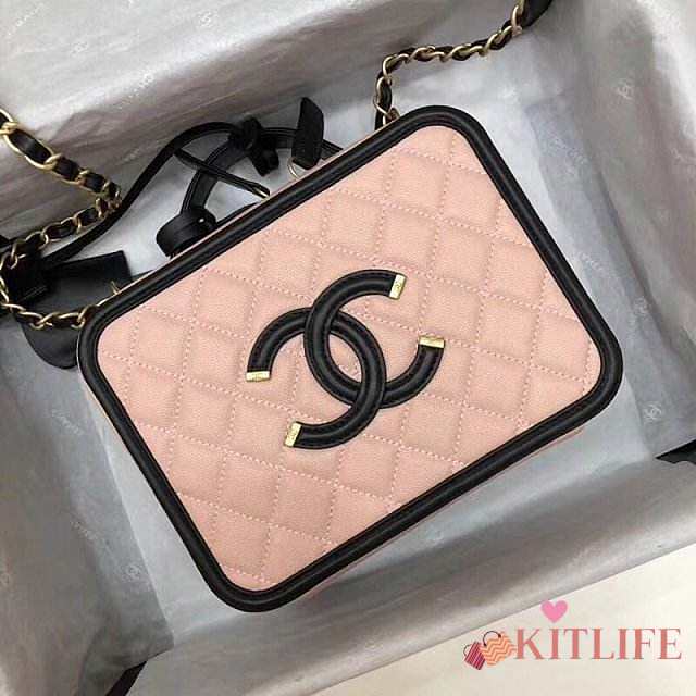 Chanel CC Filigree Large Vanity Case Bag in Grained Calfskin Beige A93344 Pink/Black - 21x16x8.5cm - 1