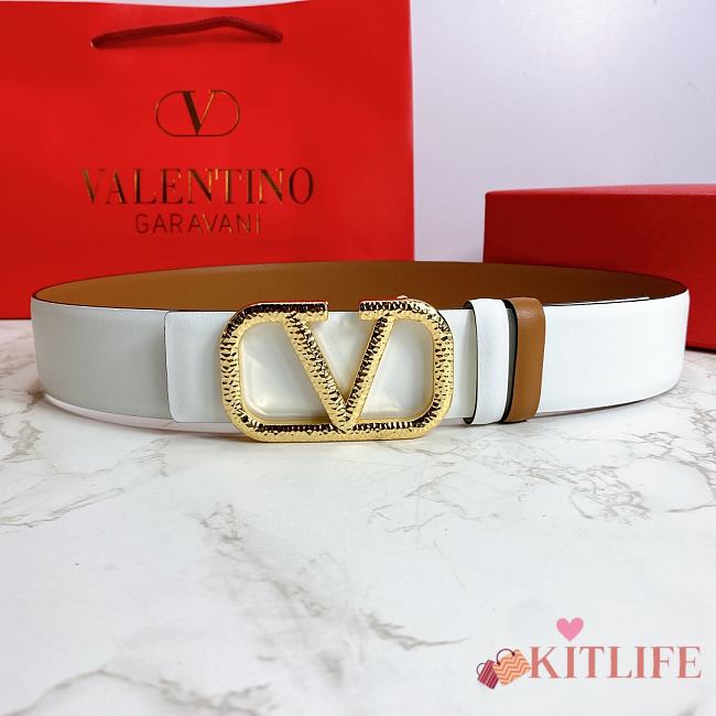 Kitlife Valentino Belt Reversible V Logo Signature Belt In Grainy Calfskin White/Brown – 4 cm - 1