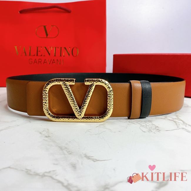 Kitlife Valentino Belt Reversible V Logo Signature Belt In Grainy Calfskin Brown/Black – 4 cm - 1