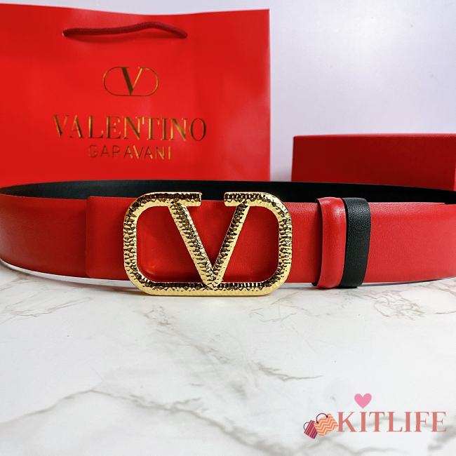Kitlife Valentino Belt Reversible V Logo Signature Belt In Grainy Calfskin Red/Black – 4 cm - 1