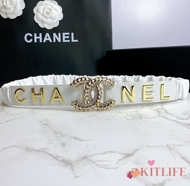 Kitlife Channel Belt Metal Logo Buckle Elastic White –3.0 cm  - 1