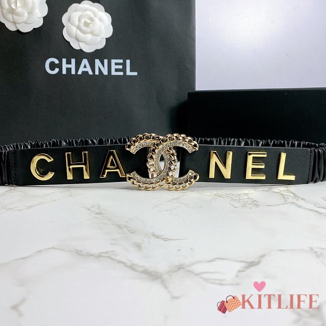 Kitlife Channel Belt Metal Logo Buckle Elastic Black –3.0 cm  - 1