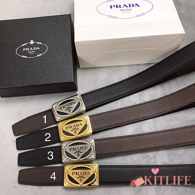 Kitlife Prada Men Belt Inner Buckle Leather Plaid Double-Layer Cowhide – 3.8 cm  - 1