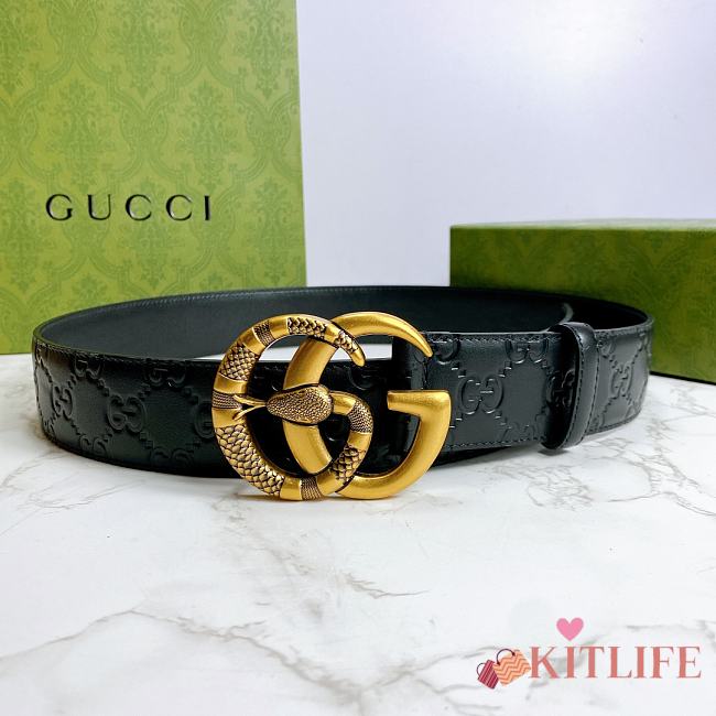 Kitlife Gucci GG Snake Buckle Imported Black Leather – 4.0 cm  - 1