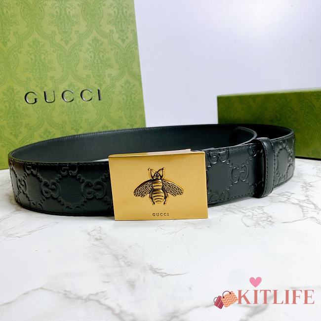 Kitlife Gucci GG Bee Buckle Imported Black Leather – 4.0 cm  - 1