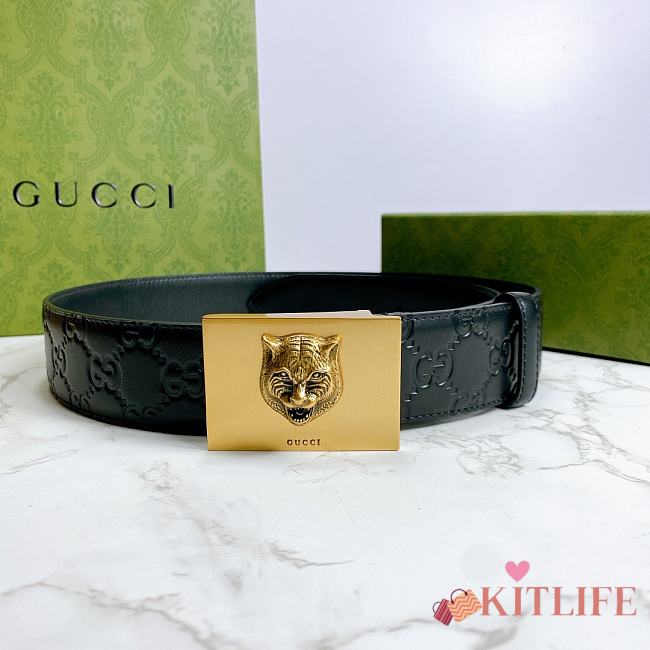 Kitlife Gucci GG Tiger Buckle Imported Black Leather – 4.0 cm  - 1