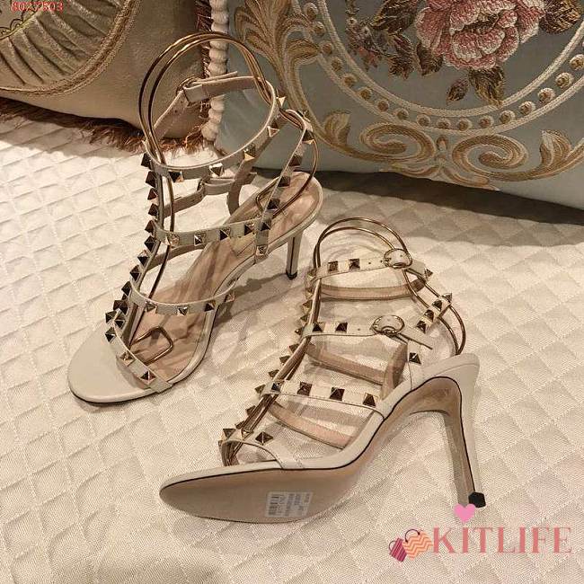 Kitlife Valentino Rockstud Metallic Calfskin Leather Ankle Strap Sandal High Heel White - 1