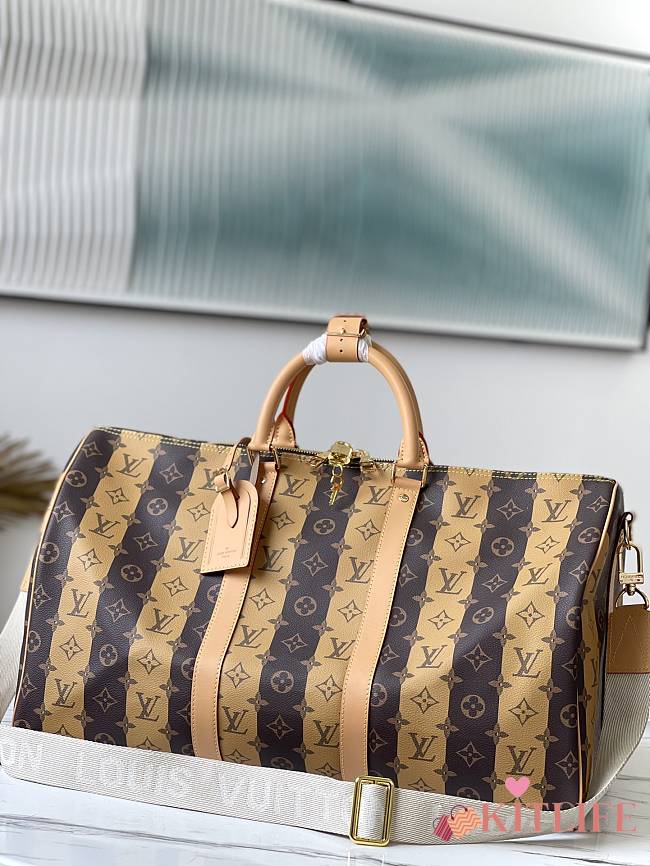 Kitlife Louis Vuitton Keepall Monogram Silver Stripe Brwon (with shoulder strap) - M40567 - 50 x 29 x 22 cm - 1