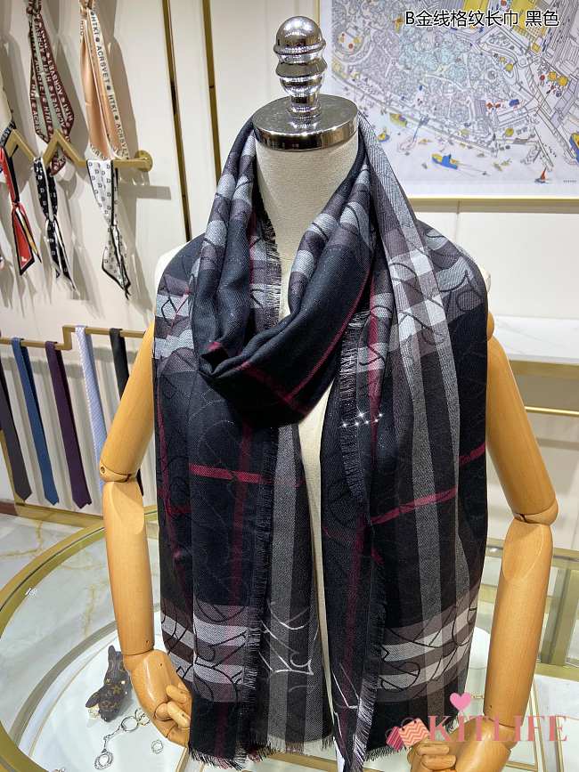 Kitlife Burberry Scarf B Gold Line Plaid Black – 70x220cm - 1