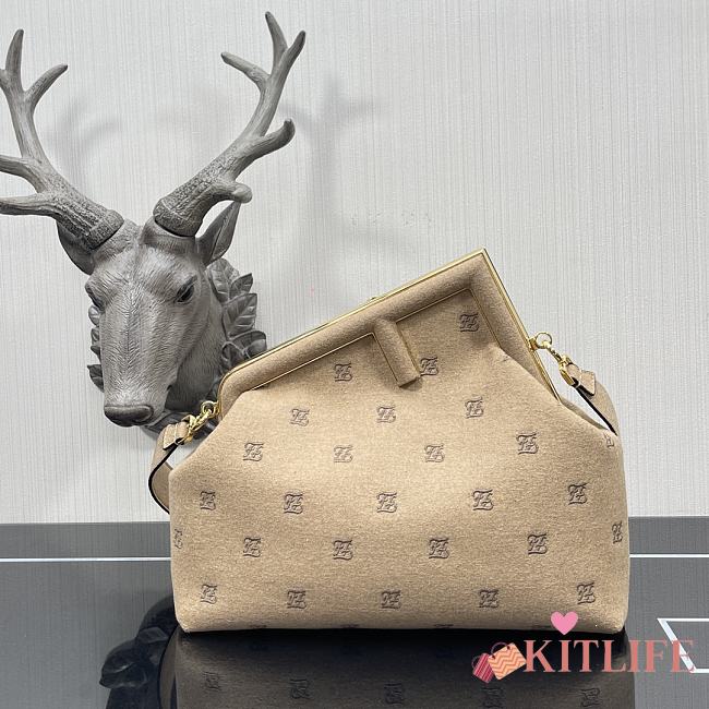 Kitlife Fendi First Beige Flannel Bag With Embroidery Karligraphy Motif - 2216#  - 32.5x15x23.5cm - 1