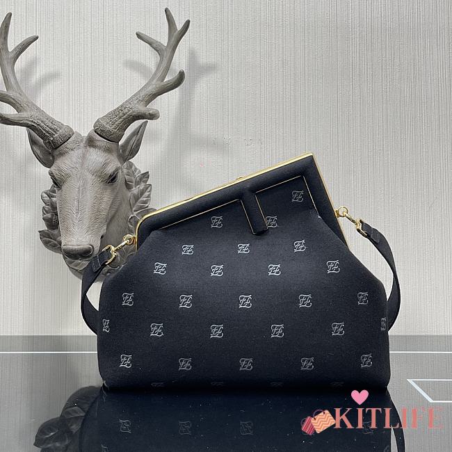 Kitlife Fendi First Black Flannel Bag With Embroidery Karligraphy Motif - 2216#  - 32.5x15x23.5cm - 1