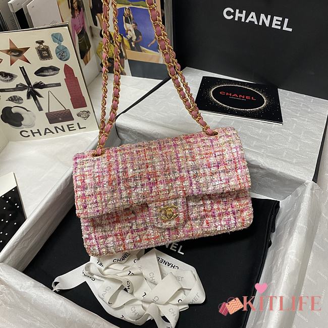 Kitlife Chanel Embroidered Tweed Classic Flap Bag Pink – 25.5 cm - 1
