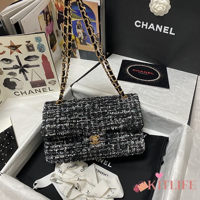 Kitlife Chanel Embroidered Tweed Classic Flap Bag Black – 25.5 cm - 1