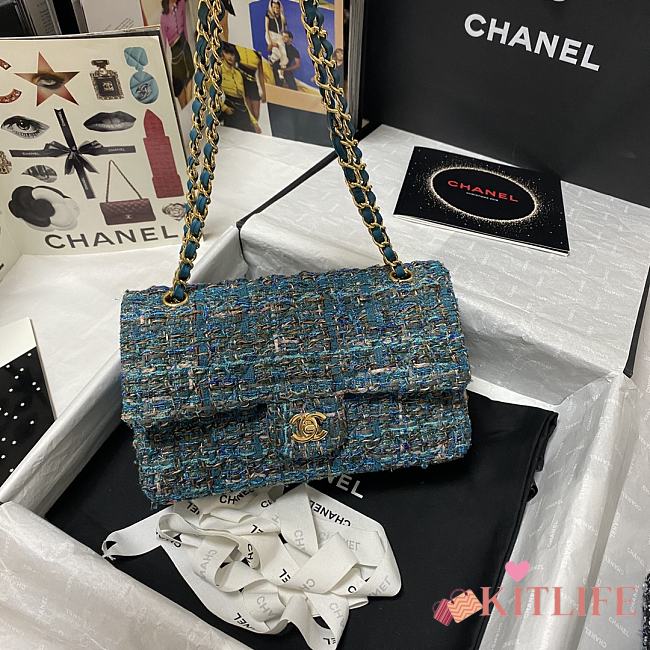 Kitlife Chanel Embroidered Tweed Classic Flap Bag Linen Blue – 25.5 cm - 1