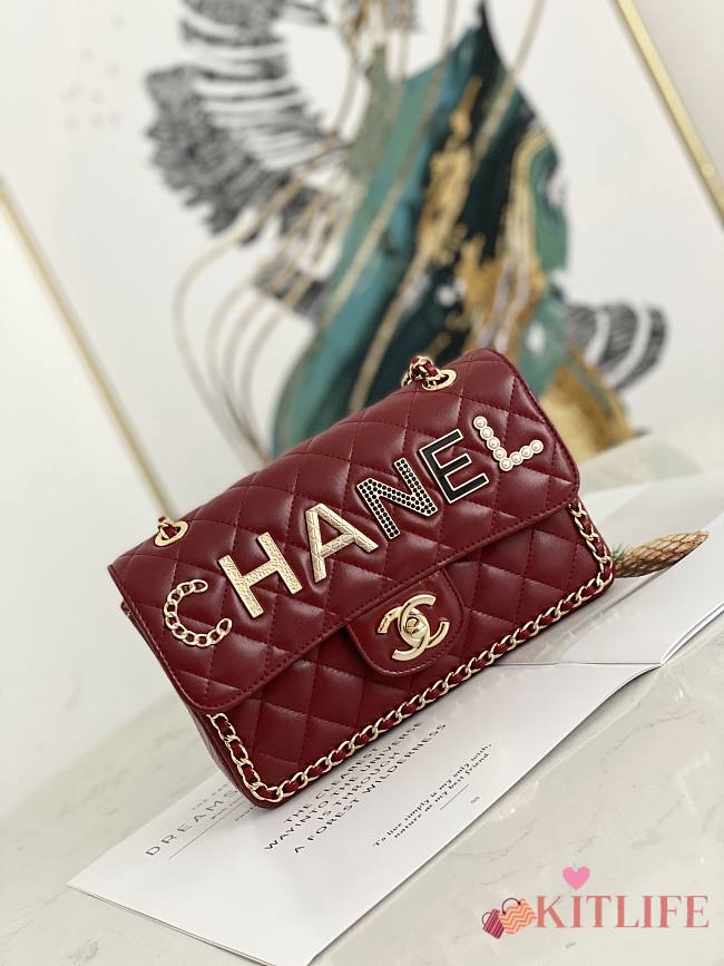 Kitlife Chanel Classic Flap Bag Letters Sheepskin Red – 23x14x7cm - 1