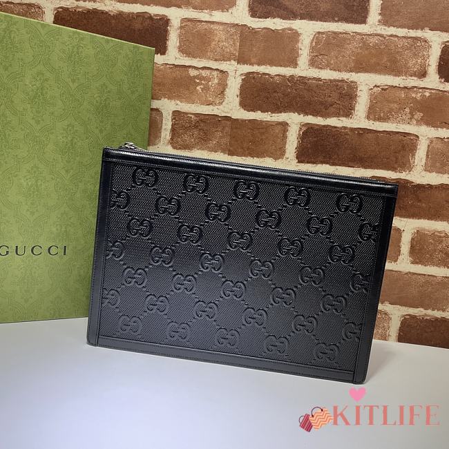 Kitlife Gucci GG embossed Pouch in black leather – 625569 -  W30.5cm x H21cm x D1.5cm - 1